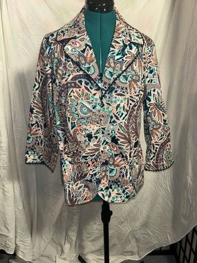 Bedford Fair   Vibrant Paisley Button-Up Jacket / Blaze Teal and Cora size Med